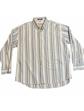 Alan Flusser XL Blue Stripe Button Front Shirt 100% Cotton Long Sleeve Pocket